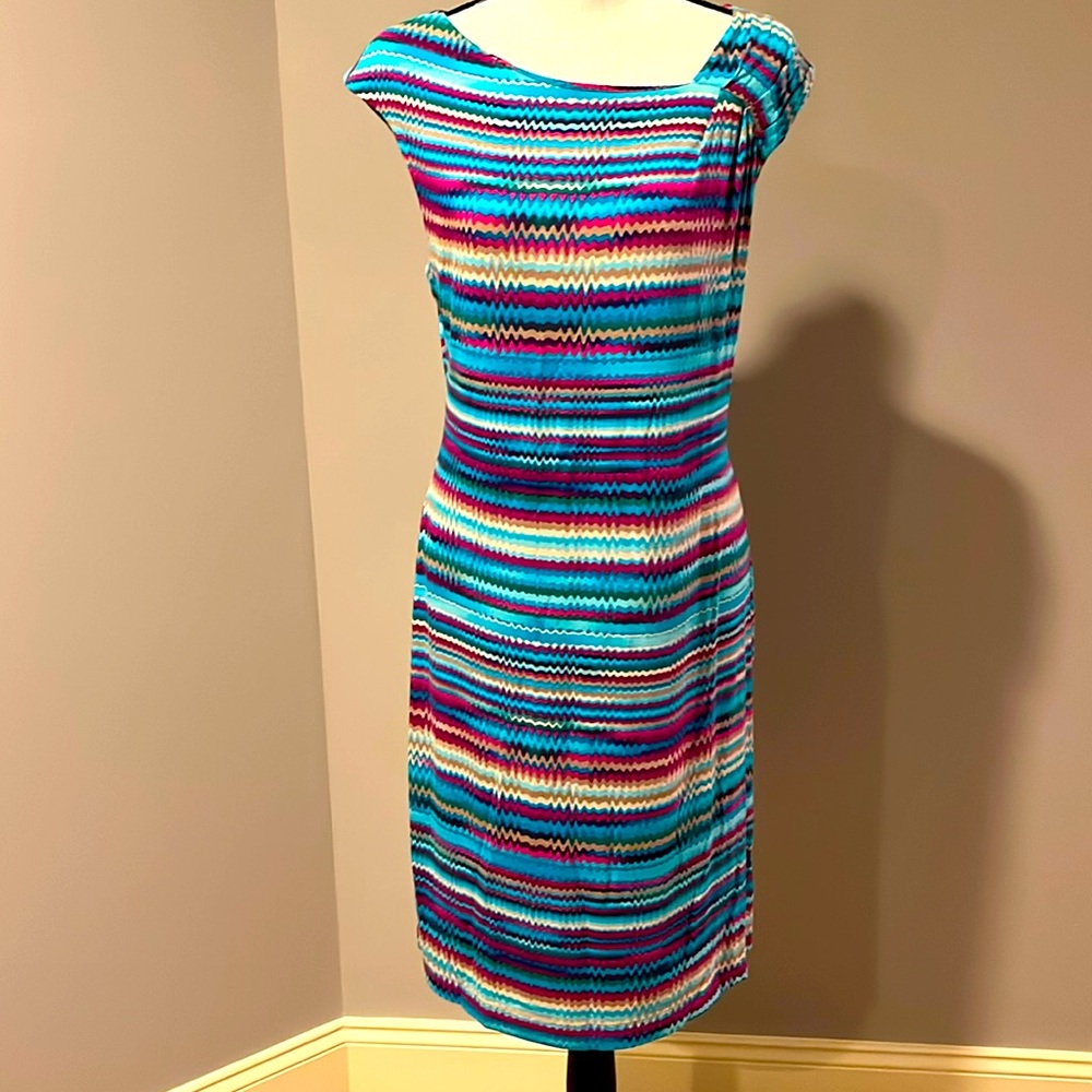 Calvin Klein Asymmetrical Ruched Green and Blue Sheath Dress